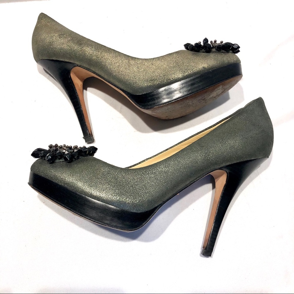 Coach “Bergen” Beaded Flower Metallic Pump Heels